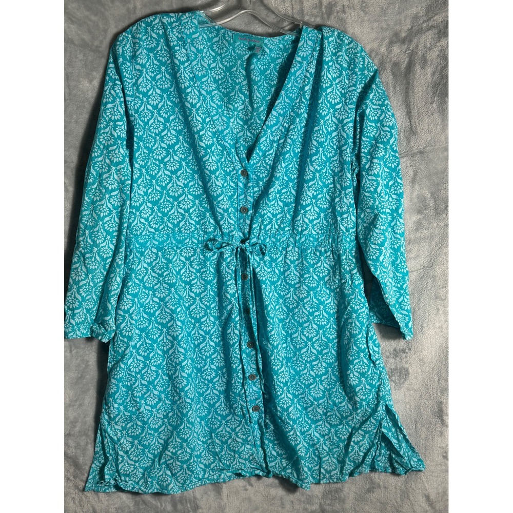 Fresh Produce Women Turquoise Floral Button Front Tunic Drawstring Waist M/L